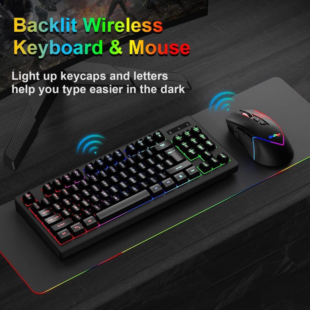 BlueFinger Wireless Gaming Keyboard and Mouse Combo, Long Lasting Rechargeable Battery 87 Keys RGB Rainbow Backlit Gaming Keyboard Ergonomic Light Up Gaming Mice for Mac Laptop Computer PC Gamer