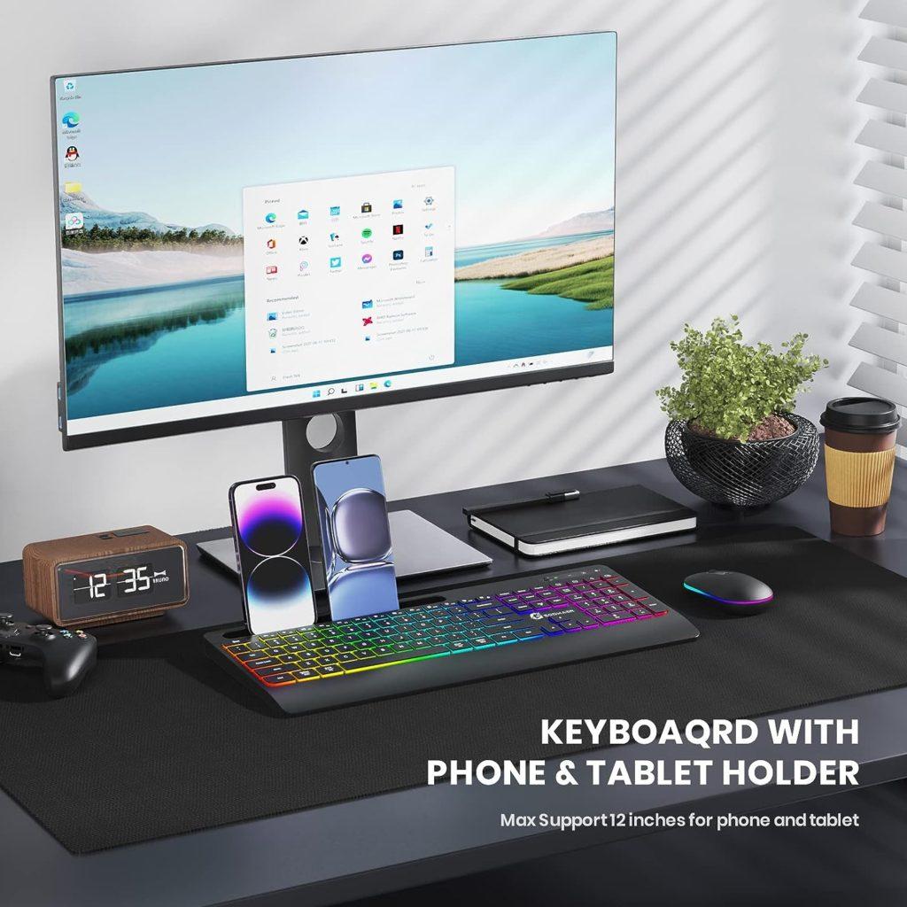 GEODMAER Wireless Keyboard and Mouse Combo with Phone Holder, Wrist Rest, Rechargeable Backlit Full Size Ergonomic Keyboard and Mouse Wireless, Light Up Silent Keyboard and Mouse for PC, Laptop, Mac