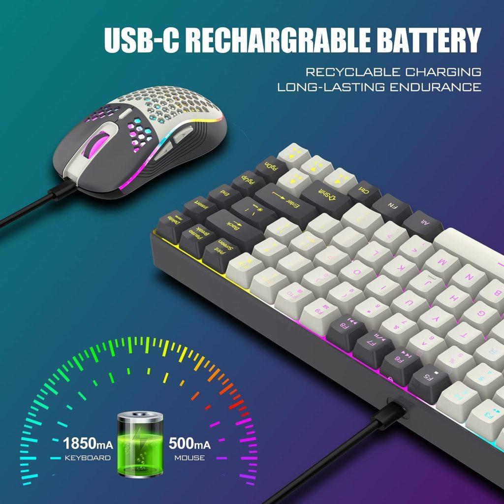 RedThunder K84 Wireless Keyboard and Mouse Combo, RGB Backlit Rechargeable Battery, 75% Layout 84 Keys TKL Ultra Compact Gaming Keyboard Lightweight 7200 DPI Honeycomb Optical Mouse (White-Gray)