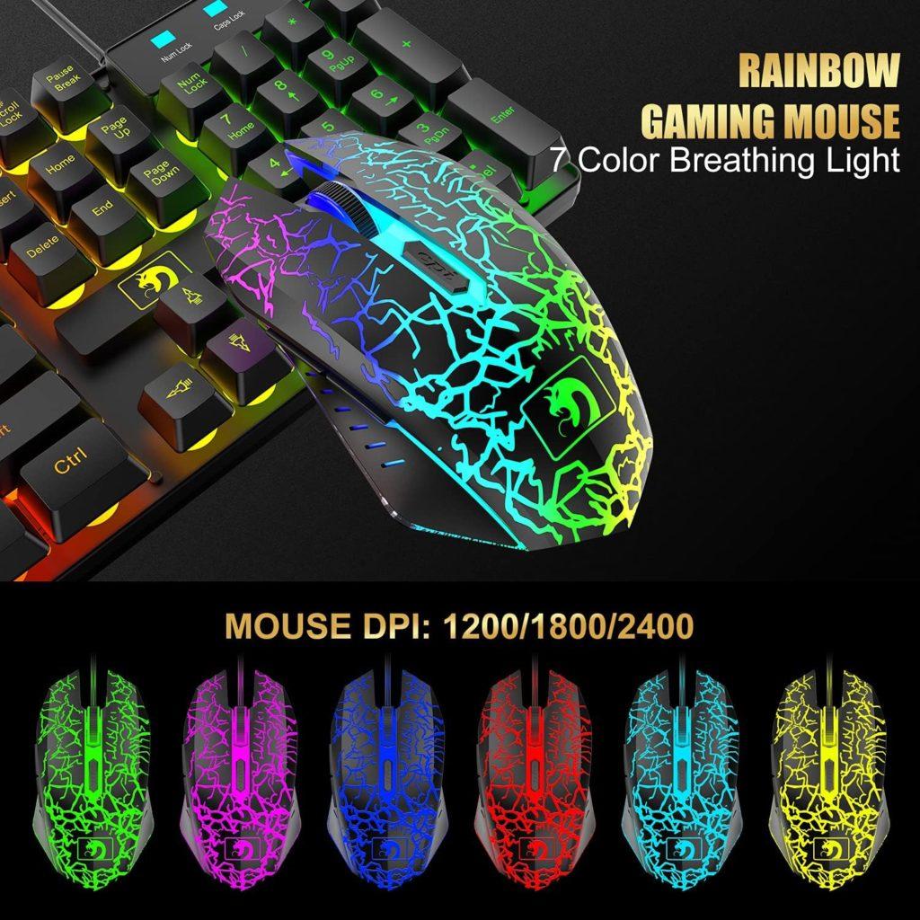 Wired Gaming Keyboard and Mouse Headset Combo,Rainbow LED Backlit Wired Keyboard,Over Ear Headphone with Mic,Rainbow Backlit Gaming Mice,Mouse Pad,for PC,Laptop,Mac,PS4,Xbox(Black)