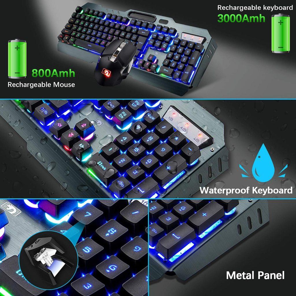 Wireless Gaming Keyboard and Mouse,Rainbow Backlit Rechargeable Keyboard with 3800mAh Battery Metal Panel,Mechanical Feel Keyboard and 7 Color Mute Gaming Mouse for Windows Computer Gamers(Rainbow)