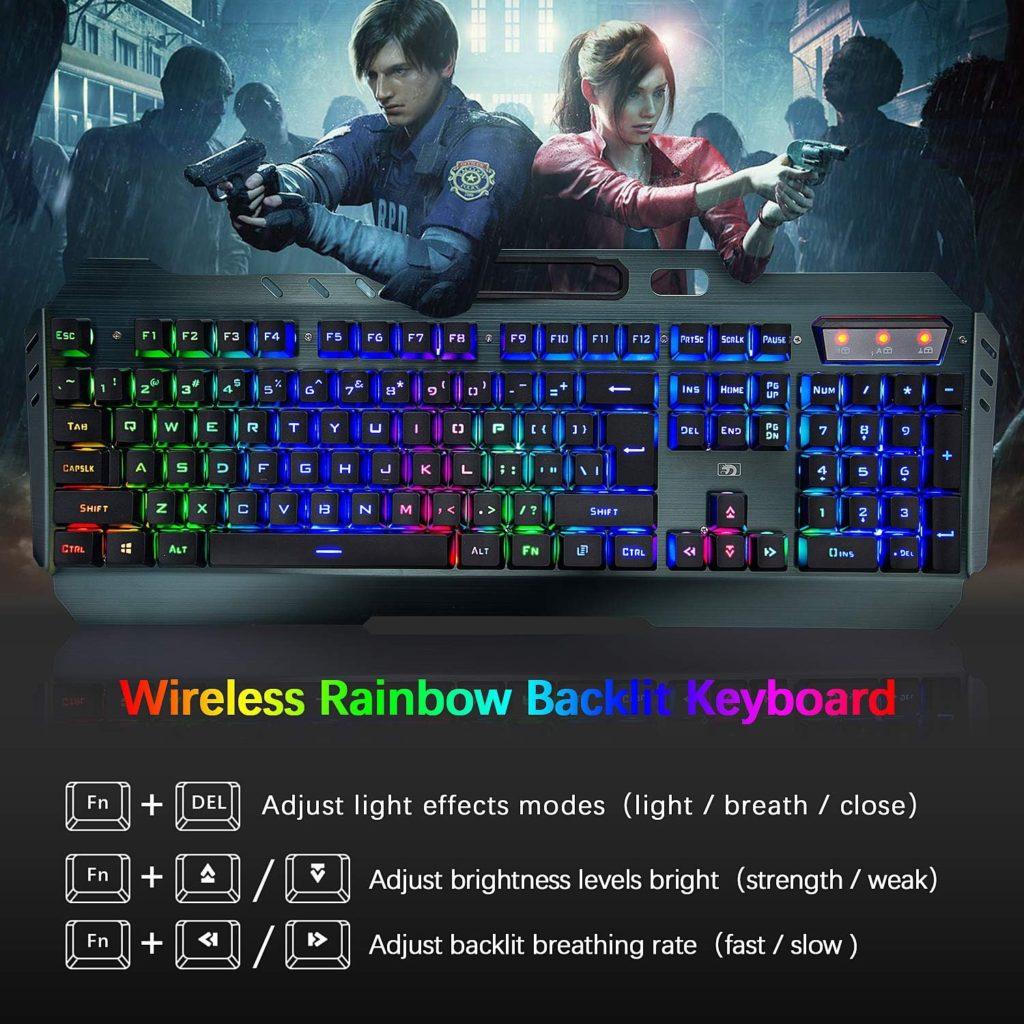 Wireless Gaming Keyboard and Mouse,Rainbow Backlit Rechargeable Keyboard with 3800mAh Battery Metal Panel,Mechanical Feel Keyboard and 7 Color Mute Gaming Mouse for Windows Computer Gamers(Rainbow)
