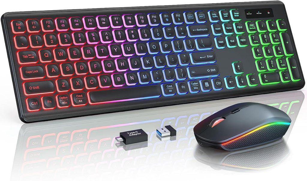 Wireless Keyboard and Mouse Combo - RGB Backlit, Rechargeable Light Up Letters, Full-Size, Ergonomic Tilt Angle, Sleep Mode, 2.4GHz Quiet Keyboard Mouse for Mac, Windows, Laptop, PC, Trueque (Black)