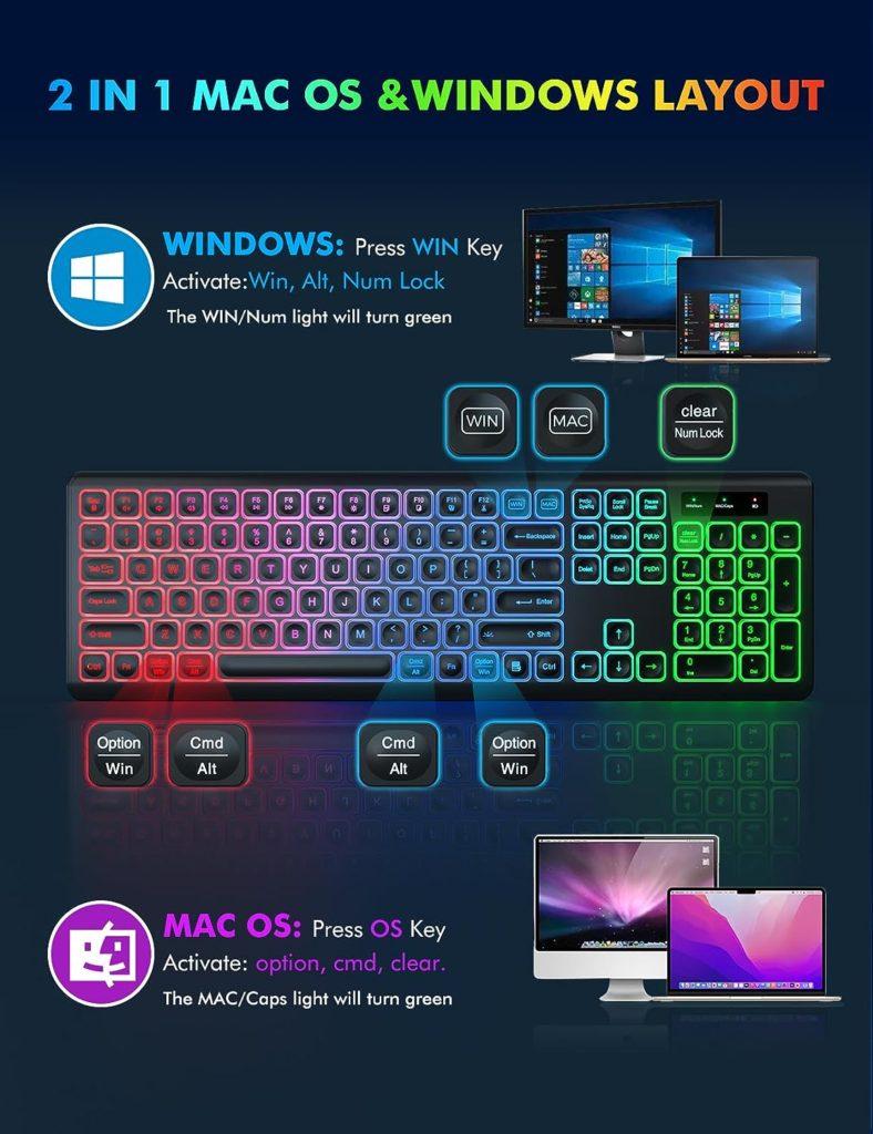Wireless Keyboard and Mouse Combo - RGB Backlit, Rechargeable Light Up Letters, Full-Size, Ergonomic Tilt Angle, Sleep Mode, 2.4GHz Quiet Keyboard Mouse for Mac, Windows, Laptop, PC, Trueque (Black)