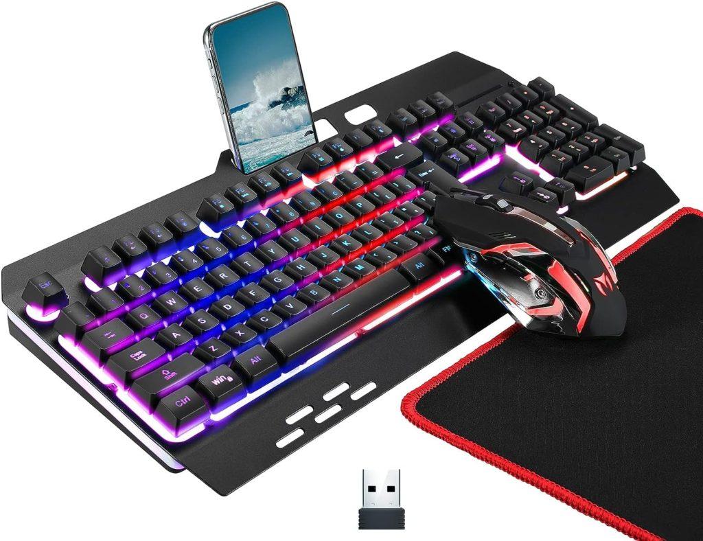 Wireless RGB Gaming Keyboard and Mouse - Rechargeable Backlit Keyboard Mouse Long Battery Life,Metal Panel Mechanical Feel Keyboard with Palm Rest,7 Color Gaming Mouse and Mouse Pad for Game and Work