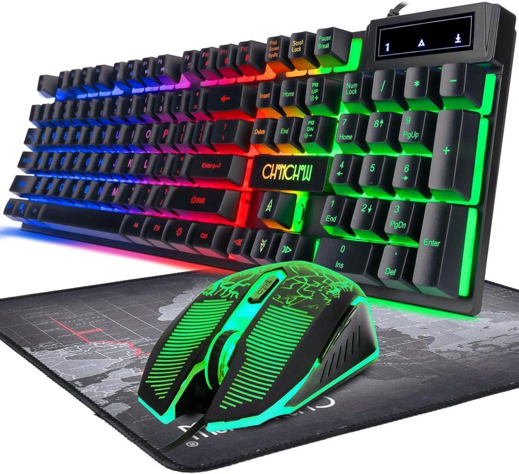 Keyboard and Mouse Gaming LED Wired Combo with Emitting Character Keyboard 4800DPI 2 Side Button USB Mouse Rainbow Backlit Mechanical Feeling Compatible with PC Raspberry Pi Mac Xbox one ps4