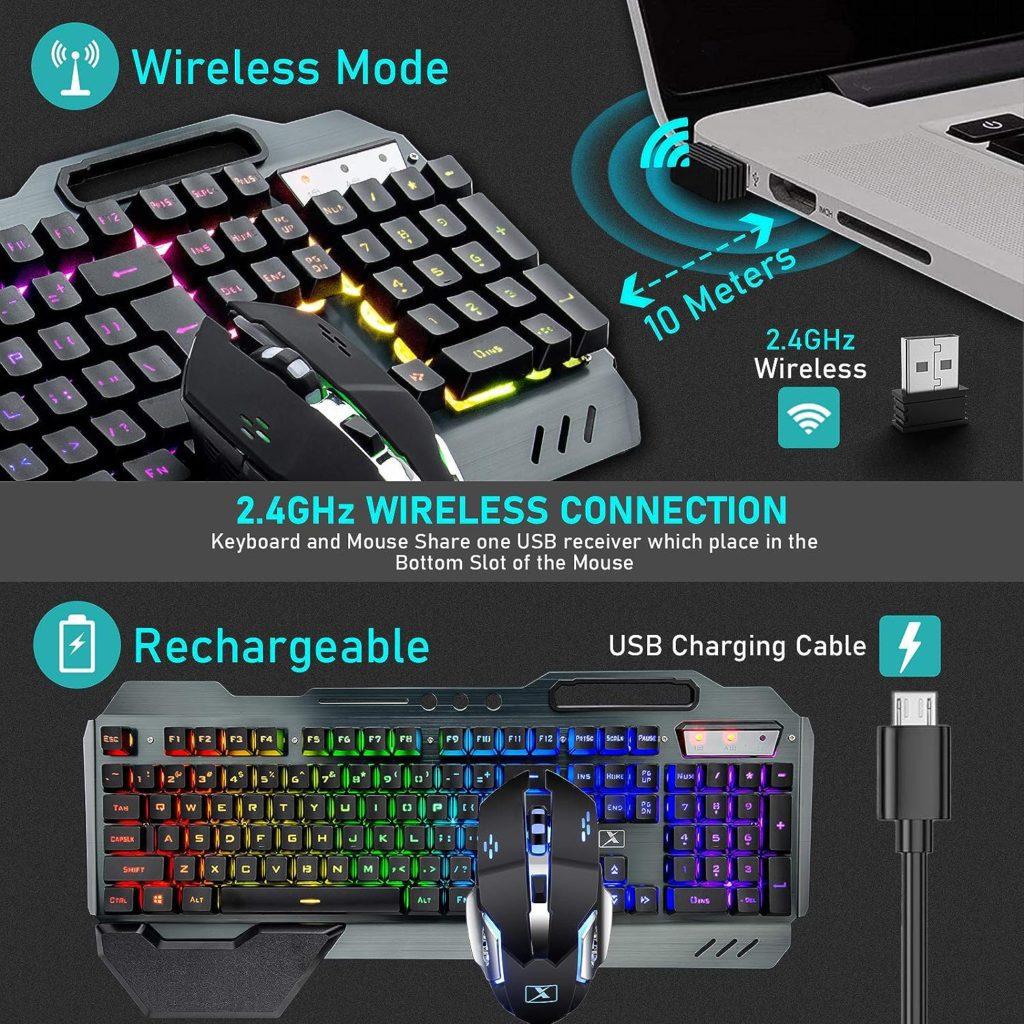 Wireless Gaming Keyboard and Mouse with Rainbow LED 16RGB Backlit Rechargeable 4800mAh Battery Metal Panel Mechanical Ergonomic Feel Waterproof Dustproof 7 Color Mute Mice for Laptop PC Gamer(Black)
